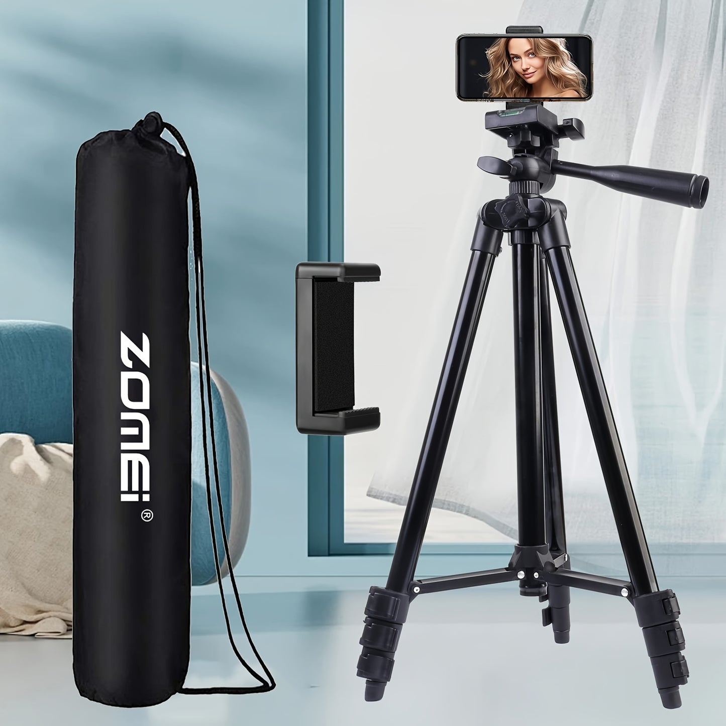 ZOMEi alyuminiy tripod, professional yoritish qo'llab-quvvatlash uchun balandligi sozlanadigan va telefon ushlagichi bilan, video konferensiyalar, oqim va fotografiya uchun portativ va mustahkam.