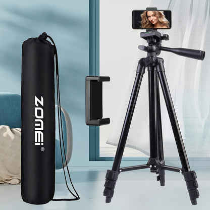 ZOMEi Aluminum Tripod with adjustable height and phone holder for professional lighting support, portable and durable for video conferencing, streaming, and photography.