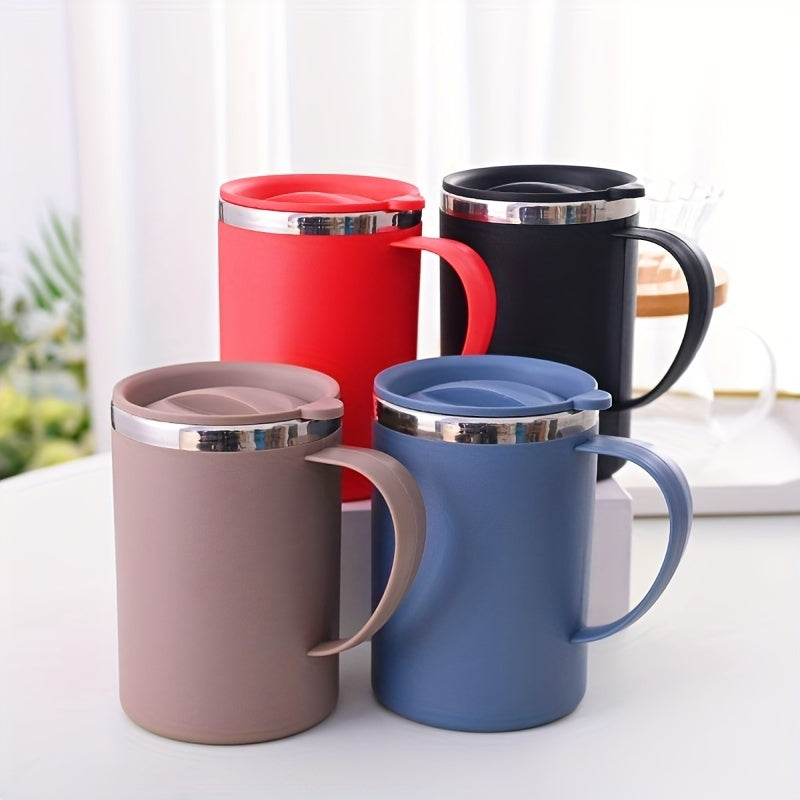 Durable stainless steel travel mug with leak-proof lid, suitable for office or on-the-go use with coffee, tea, or milk.