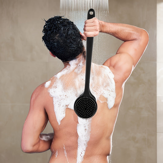 Long handled shower back scrubber with soft bristles for deep cleaning and exfoliation, suitable for both men and women.