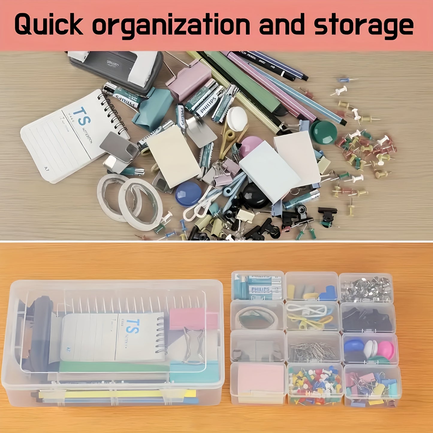 Clear plastic storage boxes with hinged lids in assorted sizes for organizing jewelry, beads, office supplies, and games.