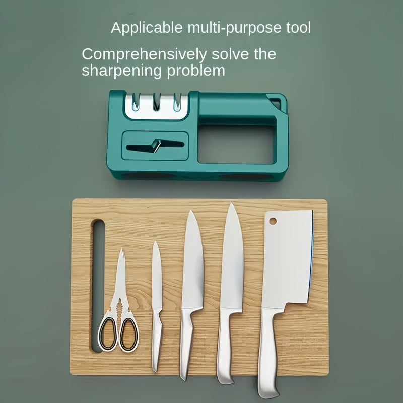 Upgrade your kitchen essentials with the 1pc Diamond 4-in-1 Knife Sharpener. This manual stainless steel sharpening tool is perfect for kitchen knives, scissors, and blades. Its durable plastic construction means no electricity is needed, making it ideal