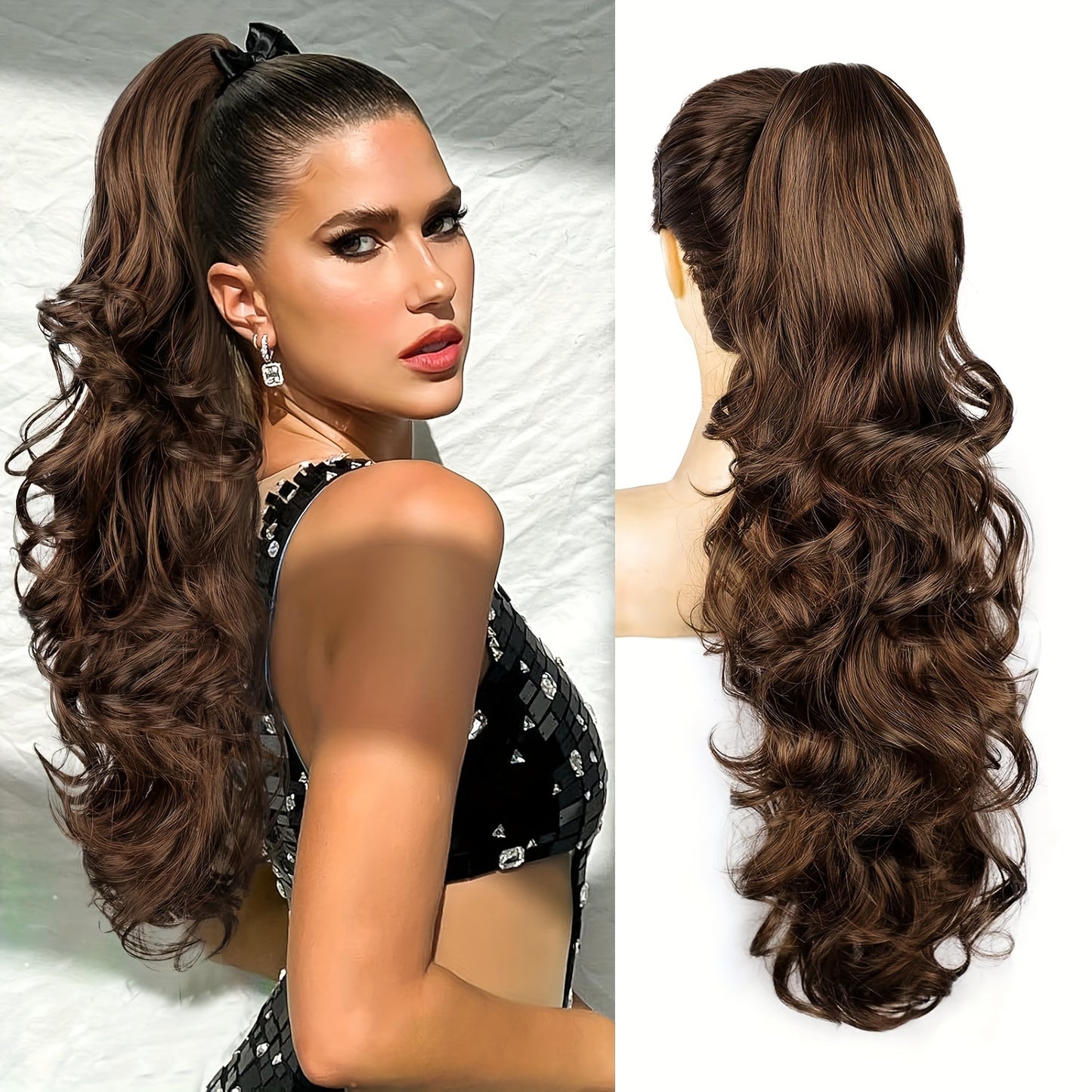 YUSULAXI 71.12cm Deep Wave Claw Clip Ponytail Extension - Soft, Voluminous Synthetic Hairpiece in Brown with Water Wave Texture for All Women