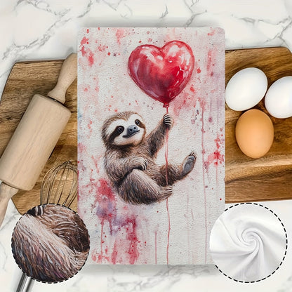 This set includes 2 ultra-soft kitchen towels with a Valentine's Day sloth holding a balloon heart, ideal for holiday decor. The dish and hand towels are highly absorbent, machine washable, and measure 40.64x60.96 cm.