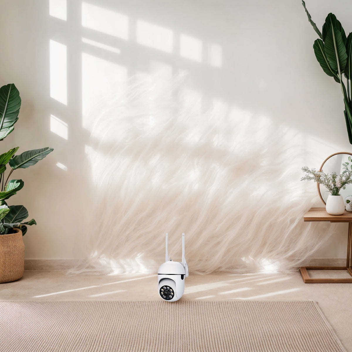 Smart Security Camera, suitable for indoor use, equipped with HD video resolution of 240p. Powered by USB with a voltage of ≤36V, this camera is compatible with Amazon Alexa. It is weatherproof and features Pan/Tilt/Zoom capabilities, Ultra-Clear Night