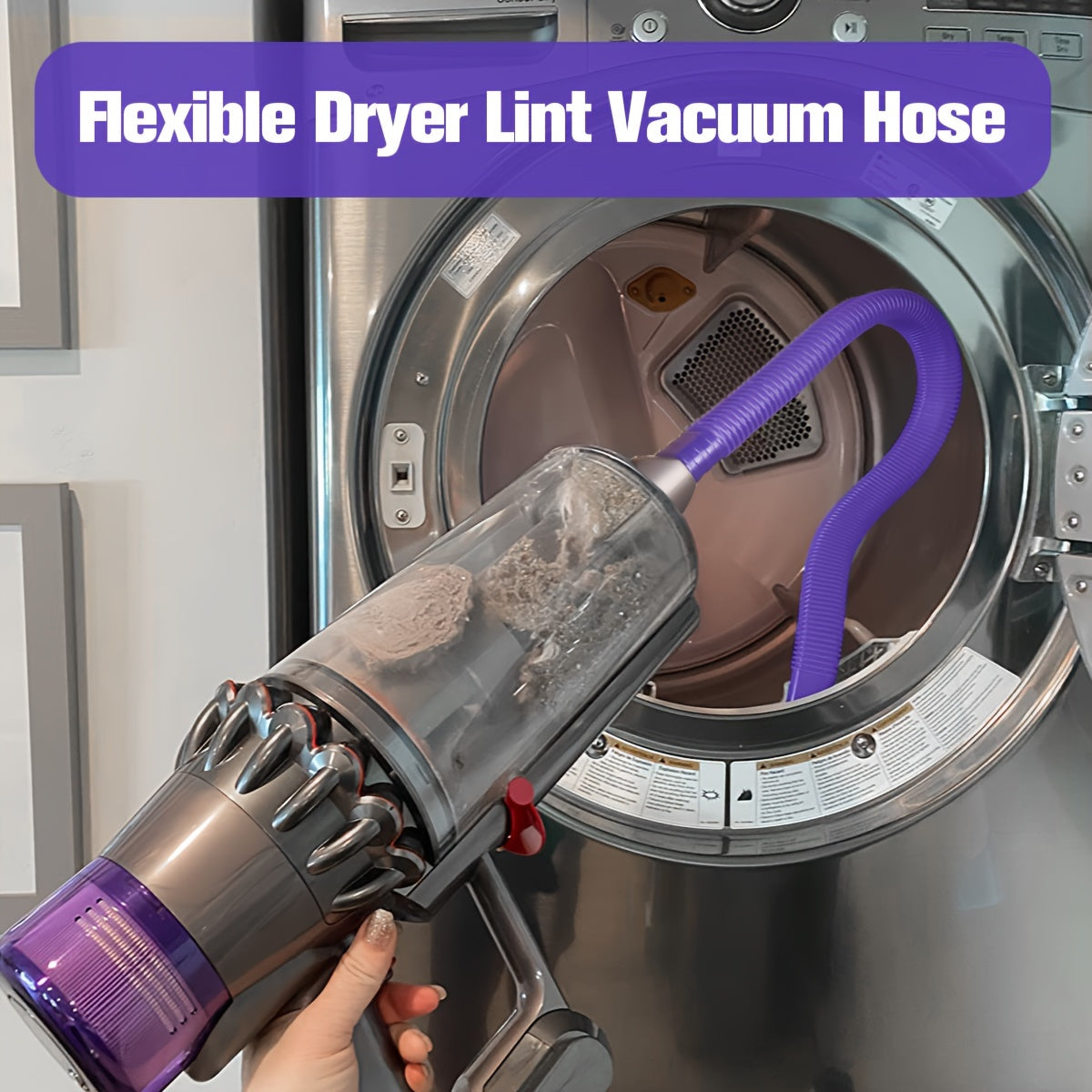 Cleaning kit for dryer vents compatible with vacuum brand models V15, V12, V11, V10, V8, and V7. Includes hose attachment for easy lint removal. Comes in purple and is designed for use with vacuum cleaners.