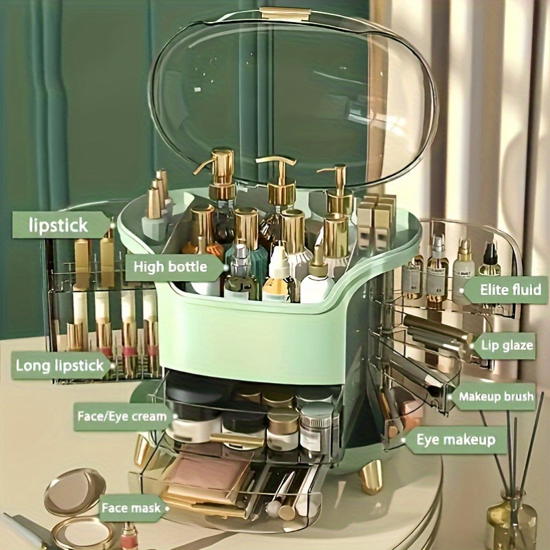 Multi-layer cosmetic organizer with transparent lid for storing jewelry, makeup, and art supplies on bedroom vanity or dresser.