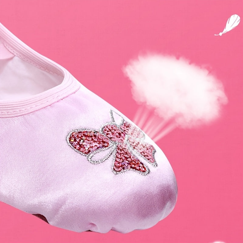 Girls’ ballet dance shoes with sparkling sequin and embroidered bow detail, soft sole, breathable canvas slip-ons. Available in pink and peach.