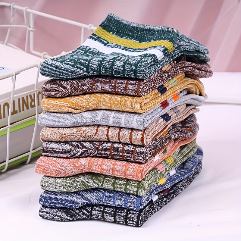 10 pairs of stylish retro striped mid-calf socks for men, breathable and comfortable year-round.