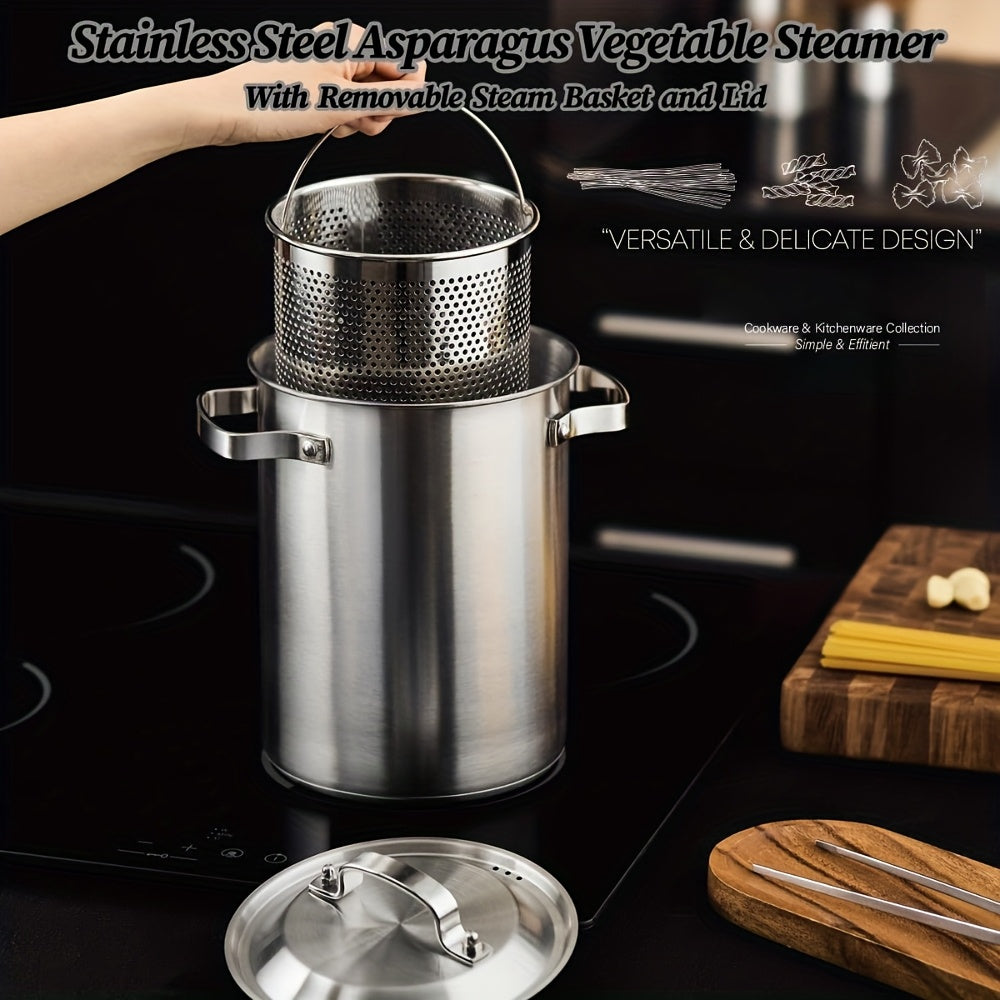 Durable Stainless Steel Steamer Pot & Pasta Cooker with Versatile 4.3L/1.14Gal Capacity and Perforated Basket - Ideal for Home Kitchens, Asparagus, Stovetop Cooking, and More - Features a Strong 3-Ply Base for Even Heat Distribution