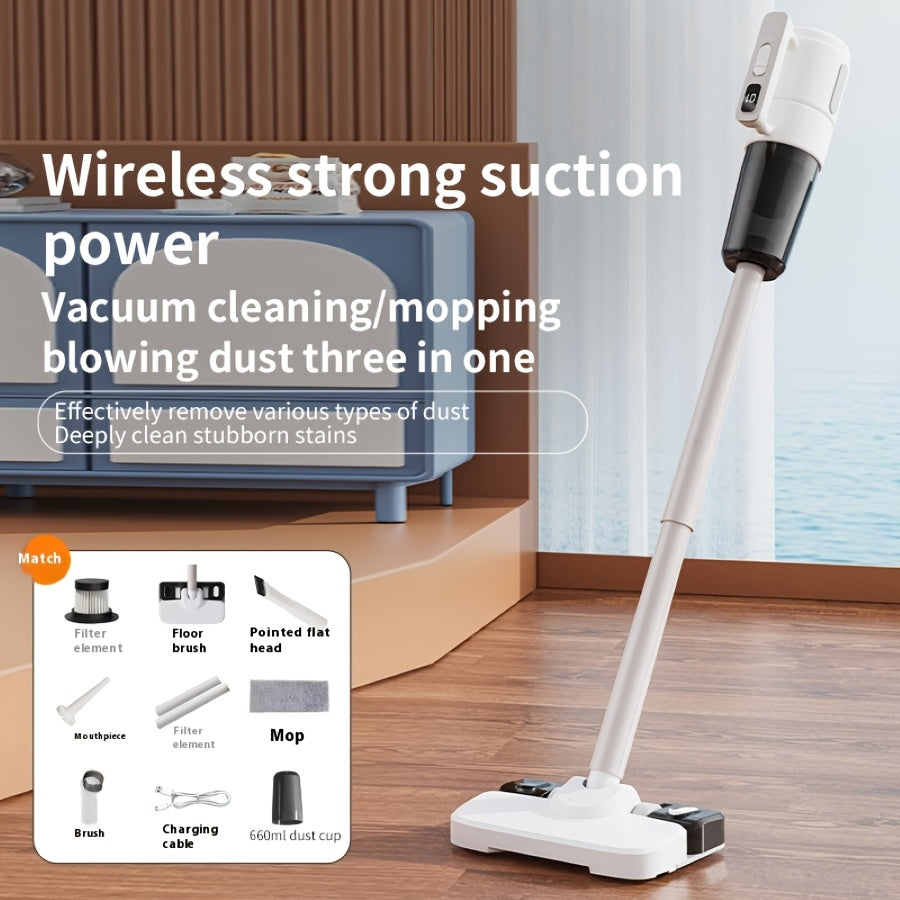 Cordless Vacuum Cleaner Kit with 5 Functions - Strong Suction for Hardwood, Carpet, and Pet Hair - Simple One-Click Operation with Various Attachments, Rechargeable via USB, Stylish White & Black Design