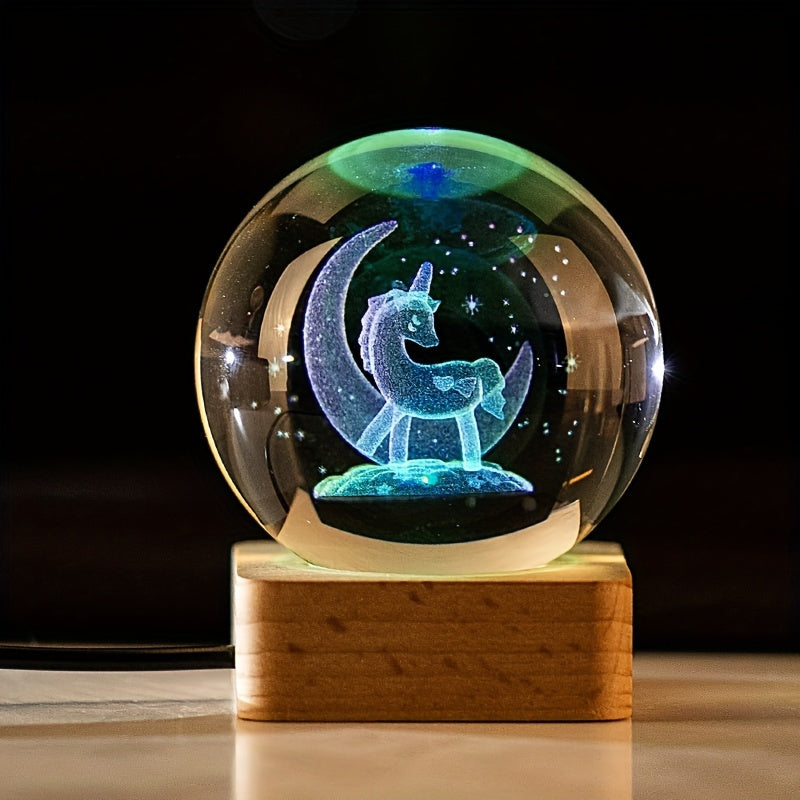 3D Crystal Ball Night Light with LED, Choose Clover, Carousel, Dandelion, or Unicorn Designs - USB Powered Desk Decor, Ideal Gift for Girls - Rotating Desktop Ornament for Bedroom