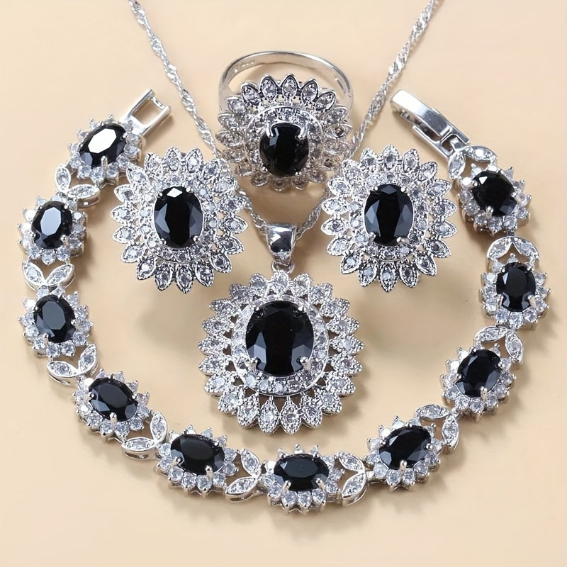 Beautiful Sunflower Jewelry Set for Women - Includes Cubic Zirconia Earrings, Ring, Necklace, and Bracelet - Silver Plated, Ideal for Weddings and Vacations