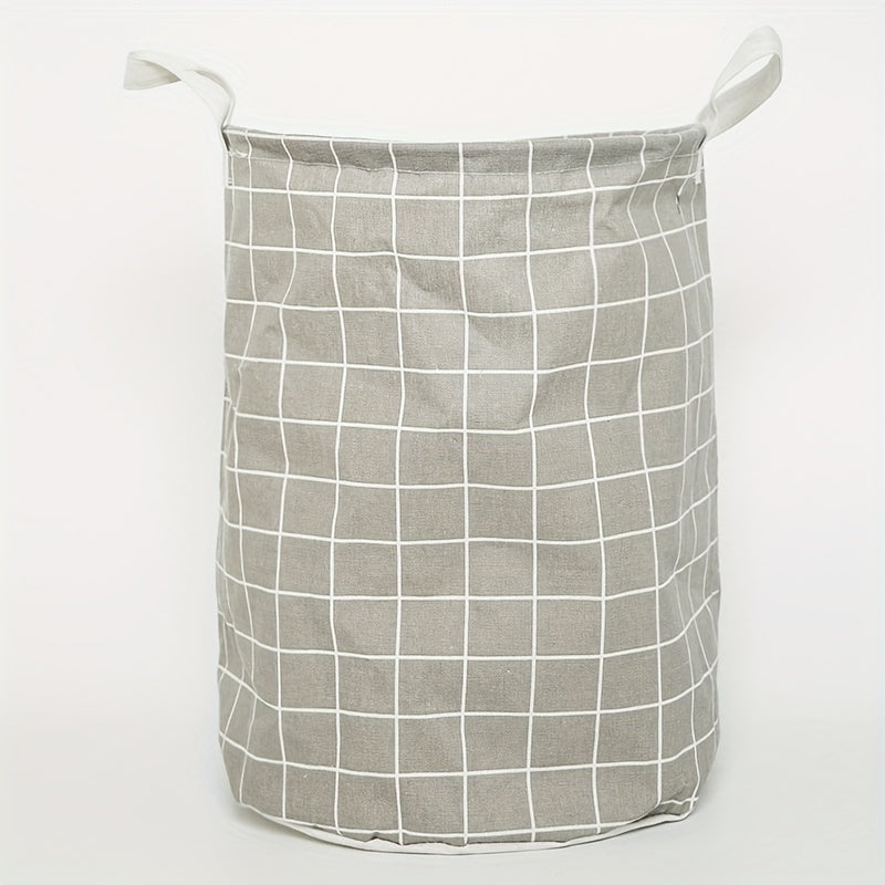 Household Dirty Clothes Basket with Toy Storage Bucket, featuring a stylish plaid fabric made of cotton and linen. This large foldable waterproof storage basket is perfect for the bathroom, bedroom, or nursing room. A thoughtful gift for Christmas