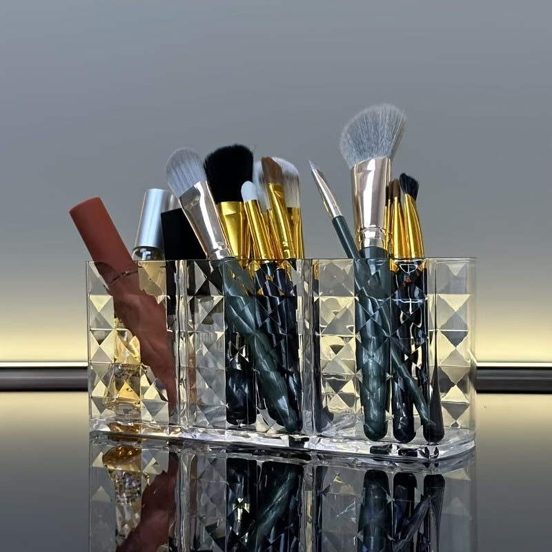 3-compartment clear makeup organizer made of polished acrylic; lightweight and hypoallergenic; perfect for storing brushes, eyebrow pencils, and lipsticks. No installation required.