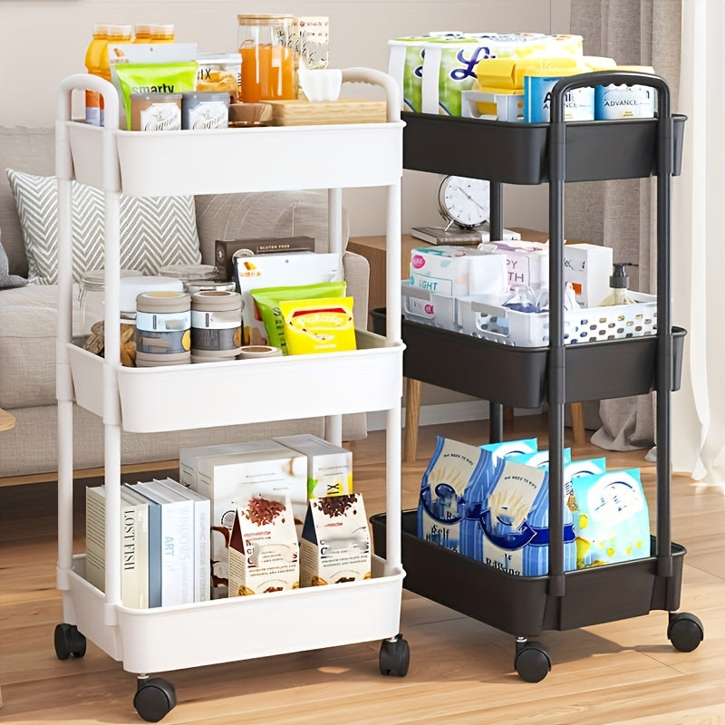 Multifunctional Plastic Storage Cart Organizer with Wheels - No Assembly Needed! Ideal for Kitchen, Bathroom, or Bedroom Use.