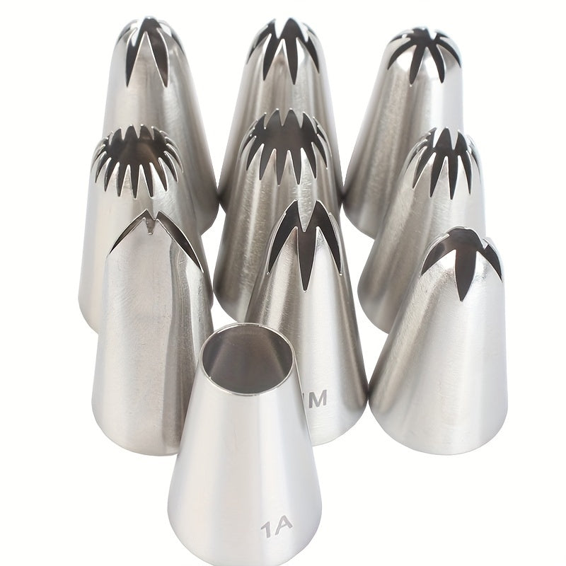 Durable and Easy to Clean Stainless Steel Icing Piping Tips Set - Includes 10pcs Cake Decorating Nozzles for Cupcakes, Cookies, and Cream Puffs - Food Grade Safe Baking Tools for Pastry and Desserts