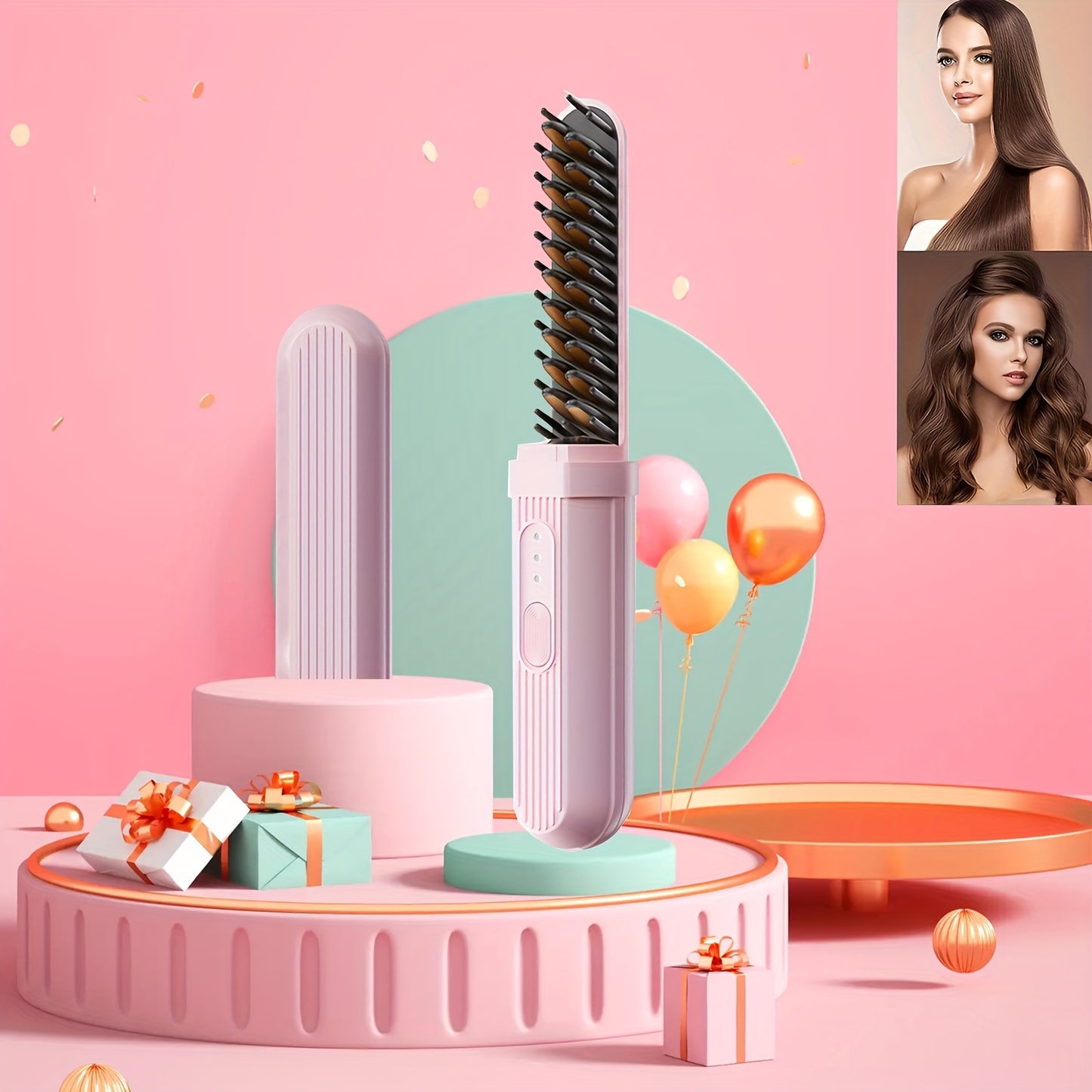 Portable hair straightener and curler with USB rechargeable thermal ion comb, anti-scalding feature, 2000mAh lithium battery, USB-C charging. Travel-friendly and perfect gift for women.