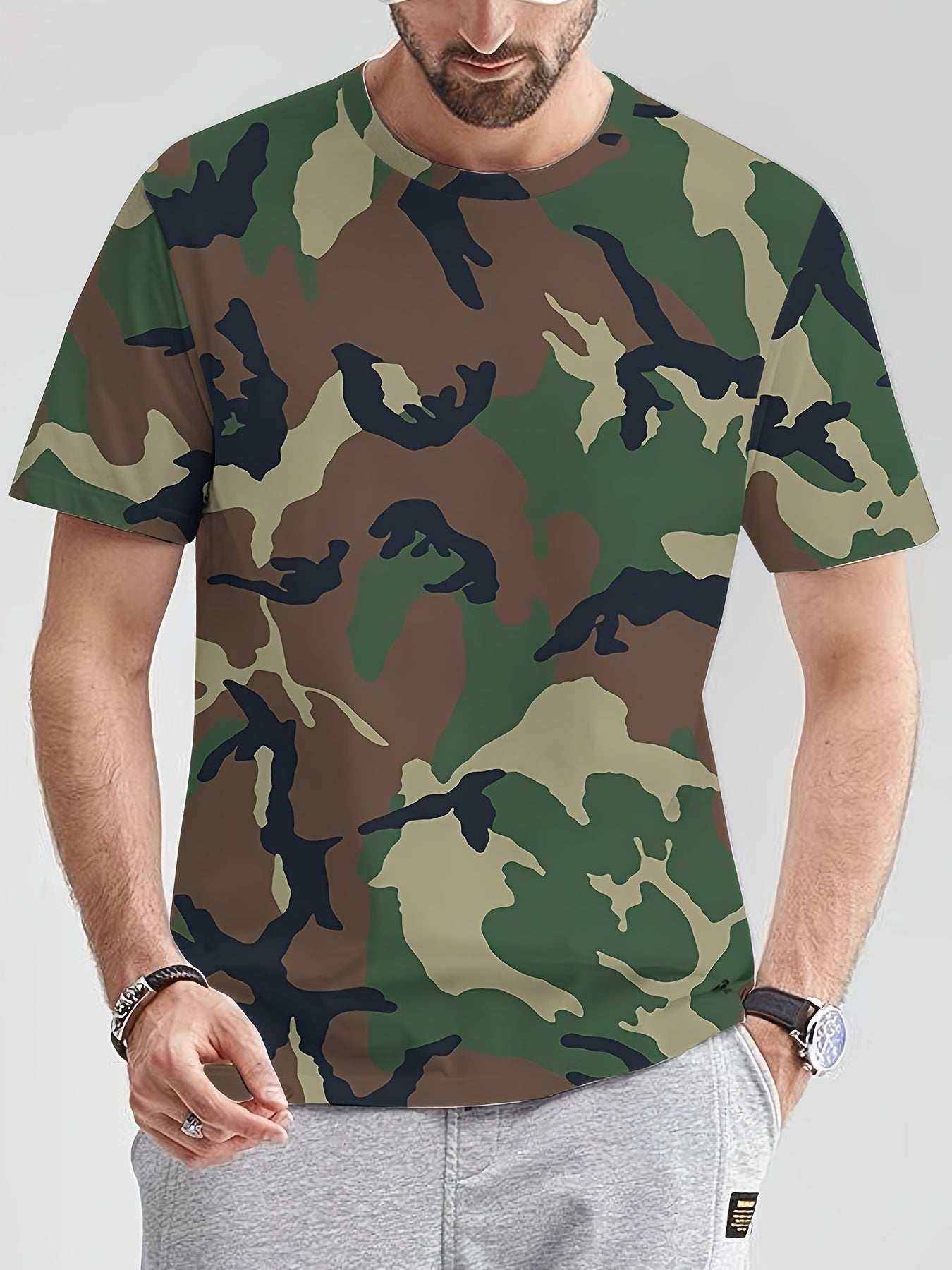 Men's Camo Print Summer Shirt - Short Sleeve, Breathable Polyester, Round Neck