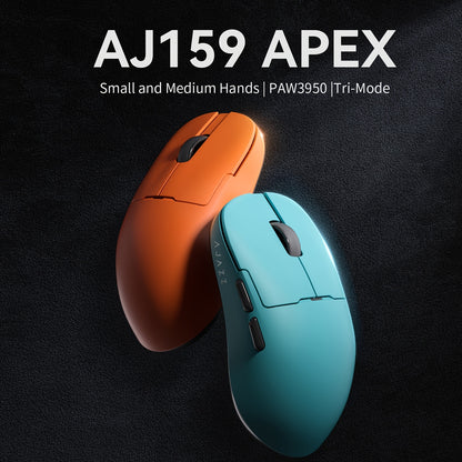 AJAZZ AJ159APEX Wireless Gaming Mouse features PAW3950 sensor with 8K optical resolution, tri-mode wireless connectivity, magnetic charging base, color screen, USB-C interface, and