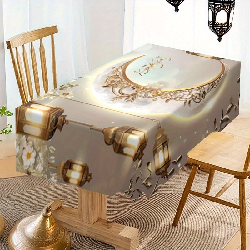 Eid Al Fitr tablecloth in polyester with golden moon and lantern pattern, waterproof, stain resistant, easy to clean, reusable, suitable for indoor/outdoor use in kitchen and dining room.