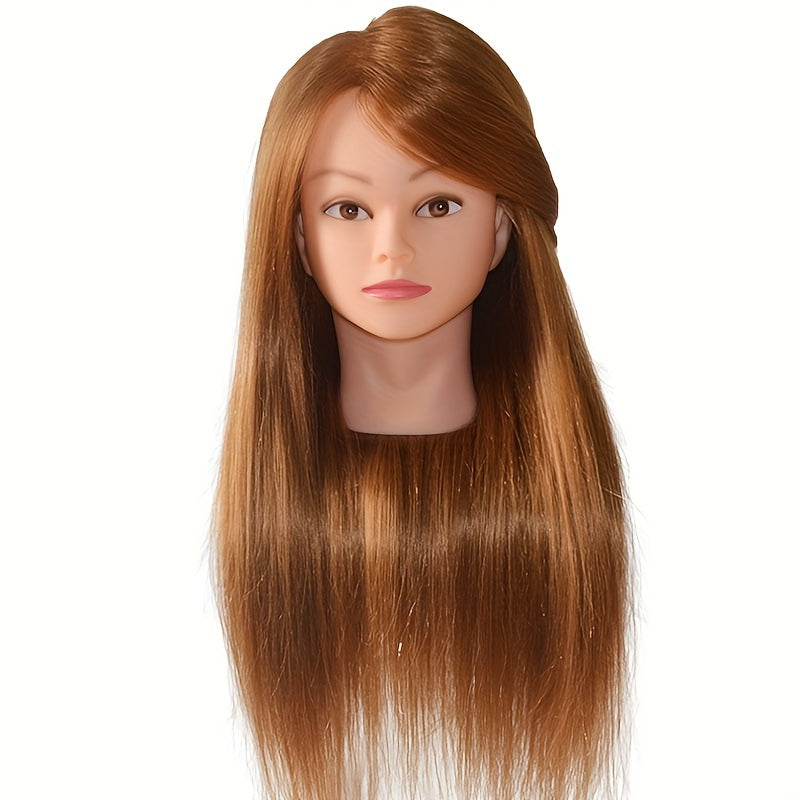 Mannequin head with 85% real human hair for professional hair styling, includes stand for braiding, curling, and perm practice.