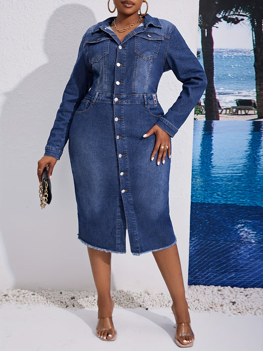 Kiki Angel offers a plus-size denim midi dress with a button-front, lapel collar, and frayed hem. Made from a cotton blend fabric, this solid color tunic is perfect for casual style in