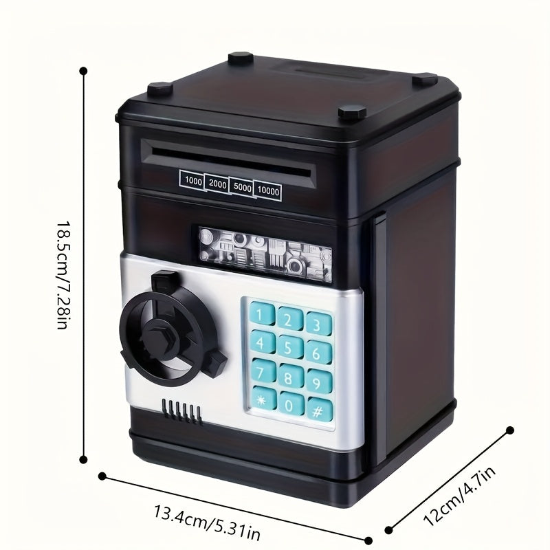 Kids' electronic piggy bank ATM with password lock, automatic currency and coin storage, black plastic toy.