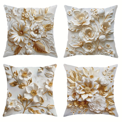 4 velvet throw pillow covers with 3D floral design in white gilt, measuring 45.72*45.72 cm, perfect for summer and autumn living room or bedroom sofa bed decoration.