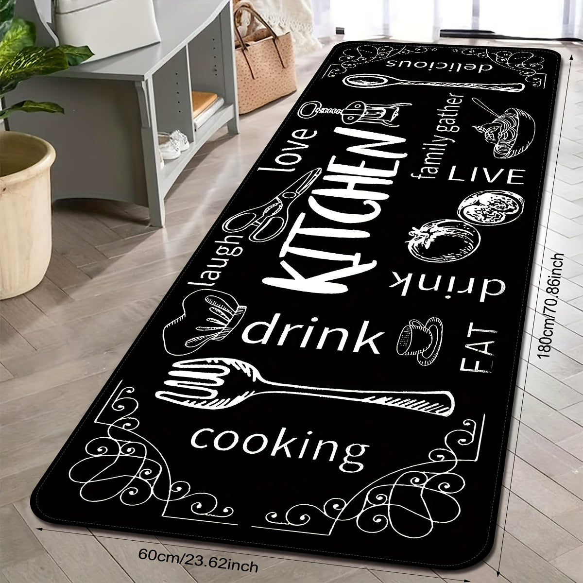 1pc Chic Black Kitchen Floor Mat featuring Cooking & Dining Themes, Non-Slip, Washable Polyester with Utensil Illustrations. Great for Doorways, Laundry Rooms, Bathrooms, and adds a Personal Touch to Home Decor.