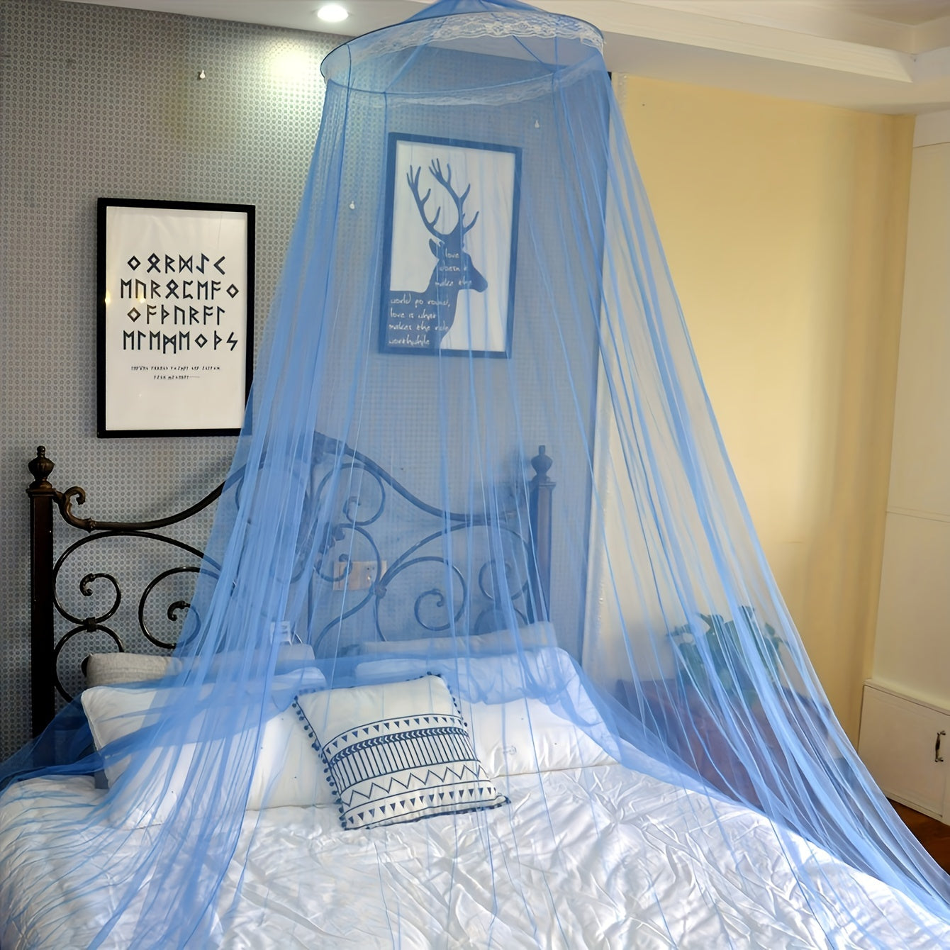 This black dome mosquito net features lace trim, a top and door ribbon, and ruffles. It is suitable for single, double, and queen beds, and makes a stylish addition to any bedroom decor. Made from polyester fabric weighing 200-250g, this net does not