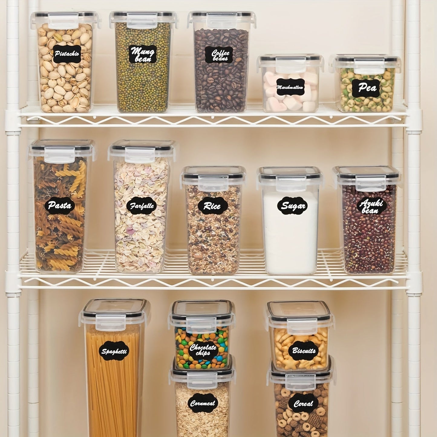 24 pieces of airtight food storage containers complete with lids are perfect for organizing your pantry and kitchen. Made of durable plastic, these canisters are ideal for storing cereal, dry food, flour, and sugar. They are BPA free and come with labels