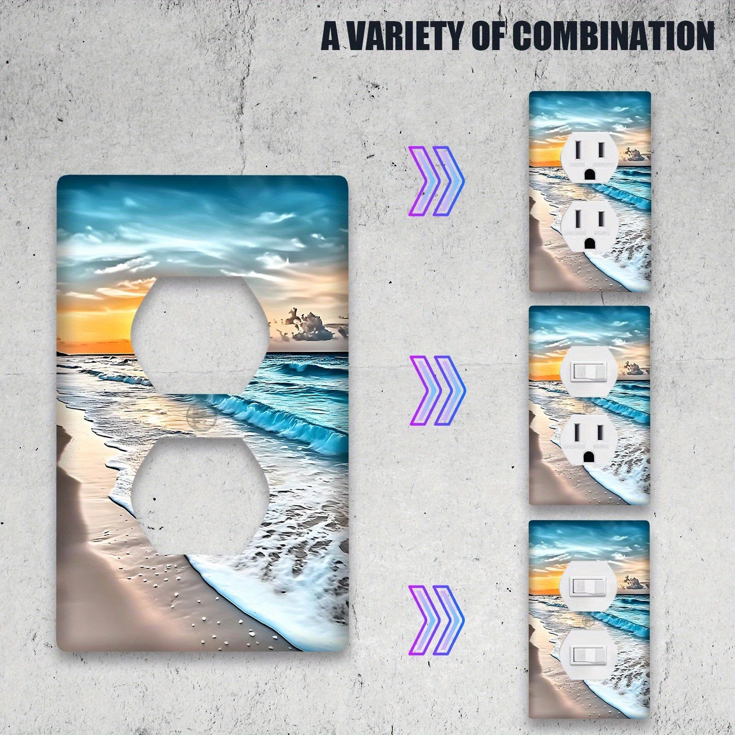 Coastal sunset beach scene switch plate for easy, dust-proof installation in 1 or 2-hole switches, perfect for bathroom and bedroom decor.