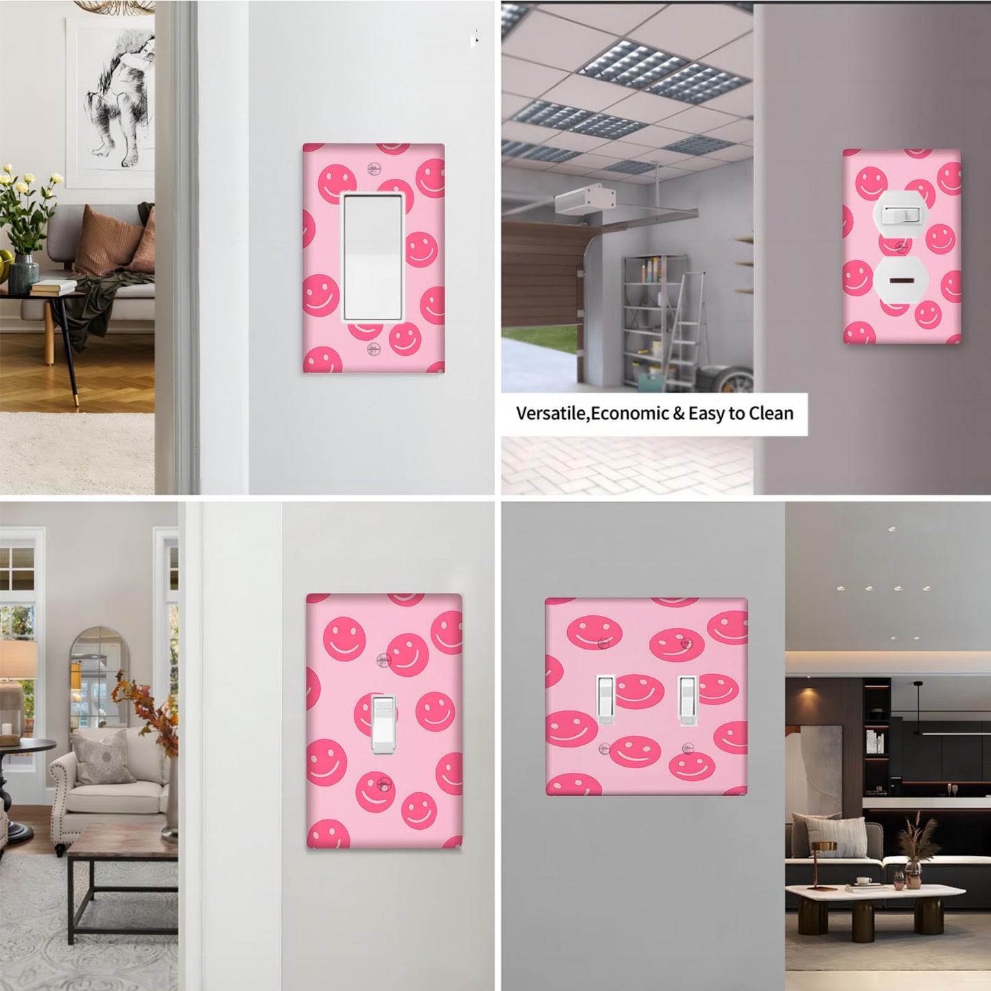 1pc Pink Smile Face Wall Plate Cover, decorative light switch outlet panel, no battery needed, easy to clean, suitable for home wall decor in bedroom or kitchen.