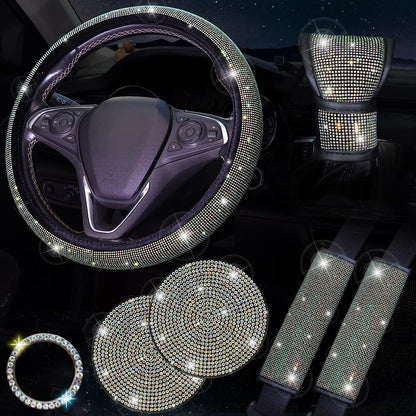 Women's bling car accessories: steering wheel cover, coasters, seat belt shoulder pads, ring sticker, and gear shift cover.