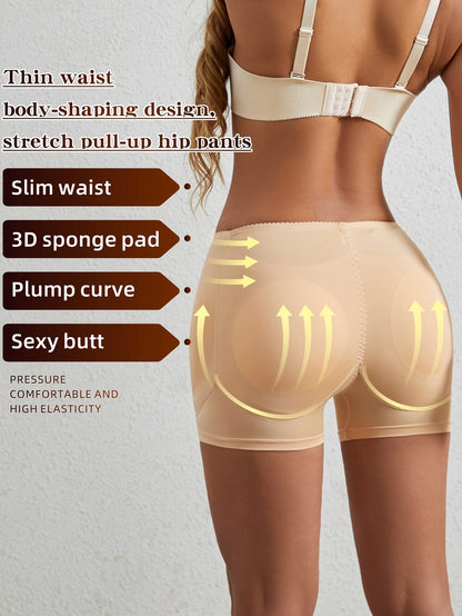 Shapewear shorts for women with padded butt lift, seamless fabric, anti-roll waist trainer, and tummy control.