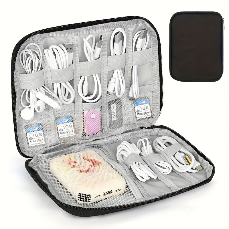 Waterproof digital storage box for travel, organizes various electronic devices and accessories.