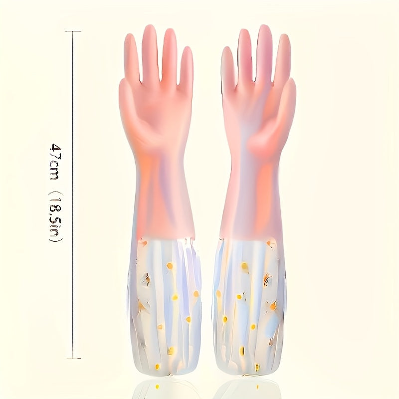 Waterproof Non-Slip Household Gloves with Floral Pattern, Long Sleeves, and Durable PVC Material - Perfect for Dishwashing, Laundry, and Cleaning in Kitchen, Bathroom, Living Room, and Bedroom. Made with Alcohol-Free Material. Includes 1 pair.