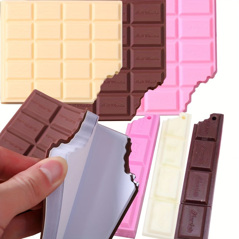 Set of 2 chocolate-shaped sticky note books with ballpoint pens, ideal for students. Portable and special-shaped design, perfect for back to school. Includes blank pages and kawaii