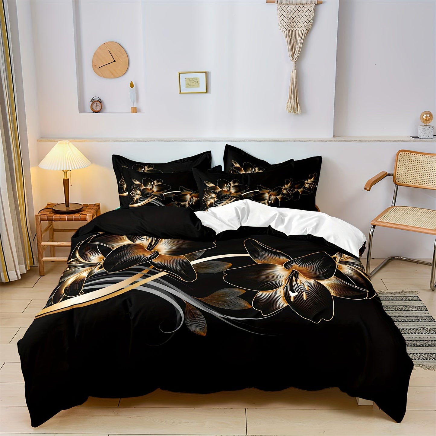 This luxurious Black and Golden Floral Duvet Cover Set is made of 100% Polyester, making it lightweight and perfect for all seasons. The set features a zipper closure for easy use, a beautiful digital print design, and includes pillowcases. Machine