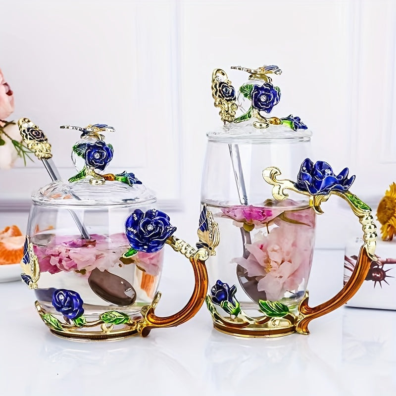 Rose enamel crystal tea cup featuring butterfly and rose design, heat resistant for coffee and water, perfect gift.