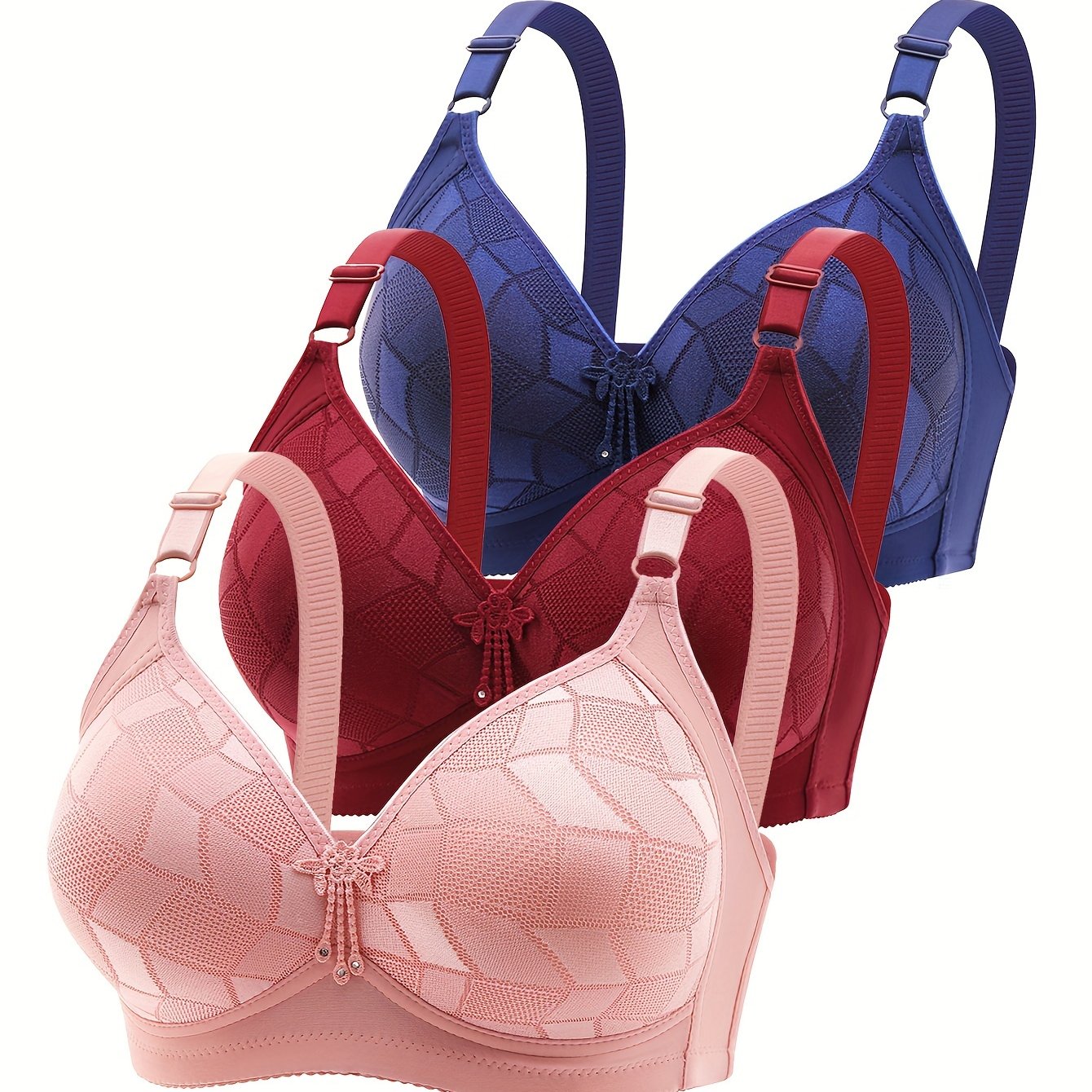 3pcs Women's Plus Elegant Bra with Geo Pattern and Push Up Design