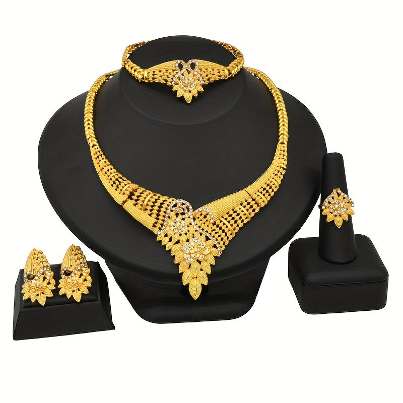 Extravagant Alloy 18K Gold Plated Hollow Flower Rhinestone Jewelry Set - Elegant Traditional Bridal Set for Wedding, Parties, and Special Occasions - Includes Necklace, Ring, Earrings, and Bracelet - Perfect Gift for Anniversaries and Holidays