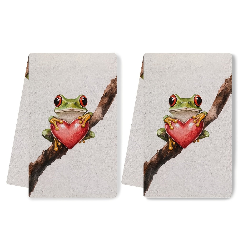 Valentine's Frog Design Kitchen Towels - Set of 2 Ultra Soft and Highly Absorbent Dish Hand Towels, Machine Washable, 40.64x60.96 cm - Ideal for Holiday Decor