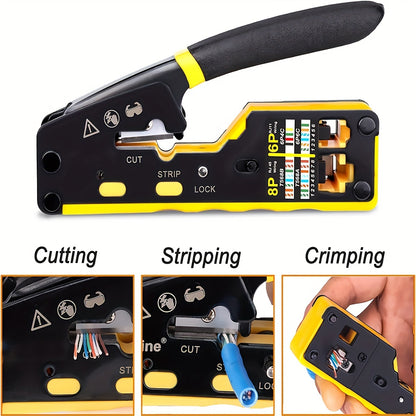 Yellow Ratcheting Modular Data Cable Crimper with Wire Stripper, Cutter, and Non-slip Grip for RJ11/RJ12 & RJ45 Connectors.