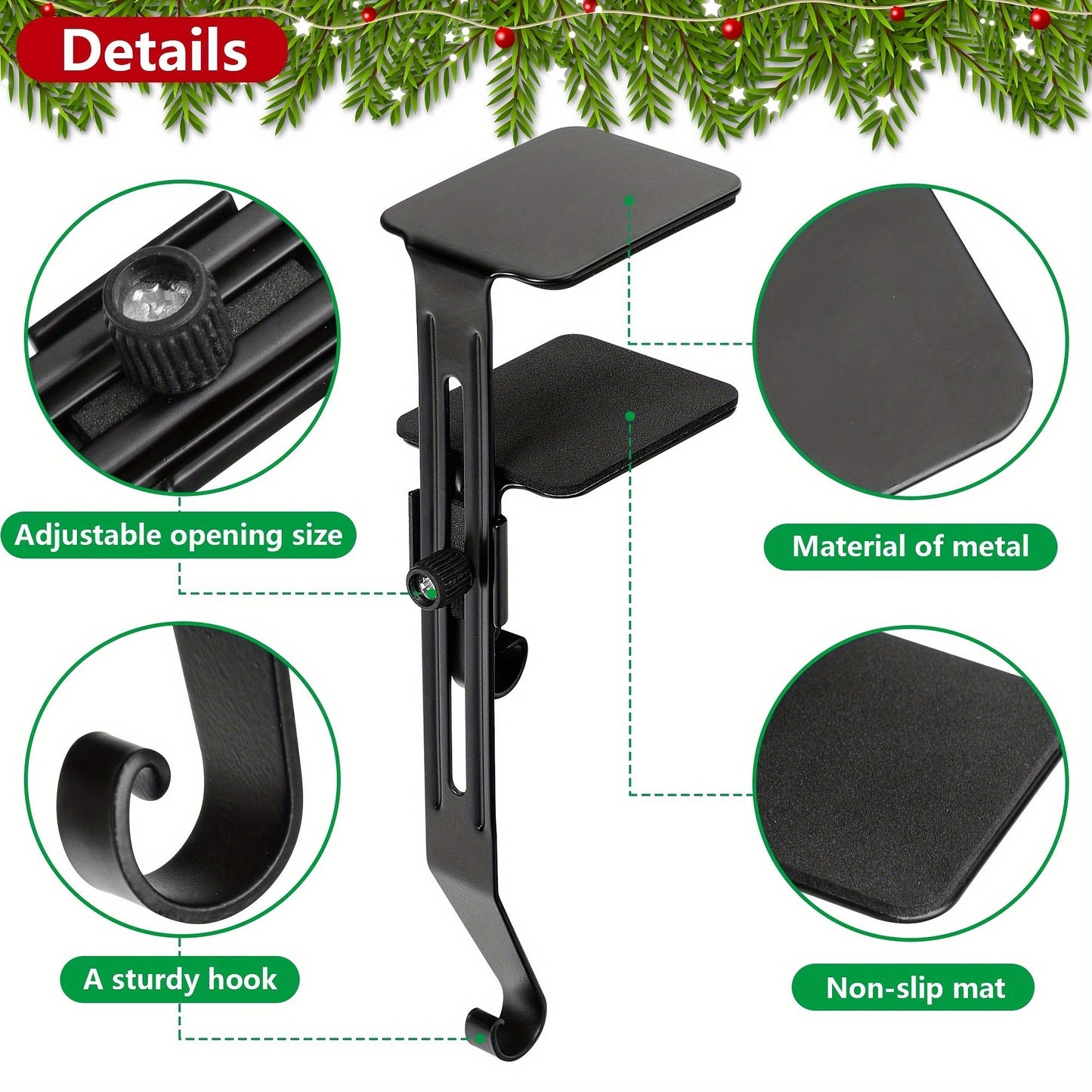 Set of two adjustable metal stocking holders with non-slip pads for securing stockings on fireplace mantel - Perfect for hanging garland and decorations for holiday parties at home.