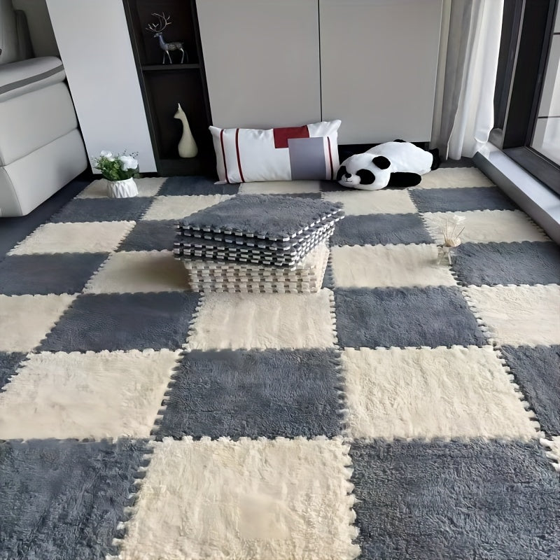 24-piece set of geometric plush area rugs made from washable polyester & EVA, perfect for indoor use in bedrooms and living rooms, pet-friendly and holiday themed.