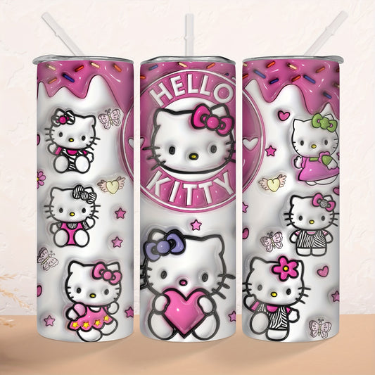 A 20oz stainless steel water bottle with a cute Hello Kitty design, suitable for various beverages.