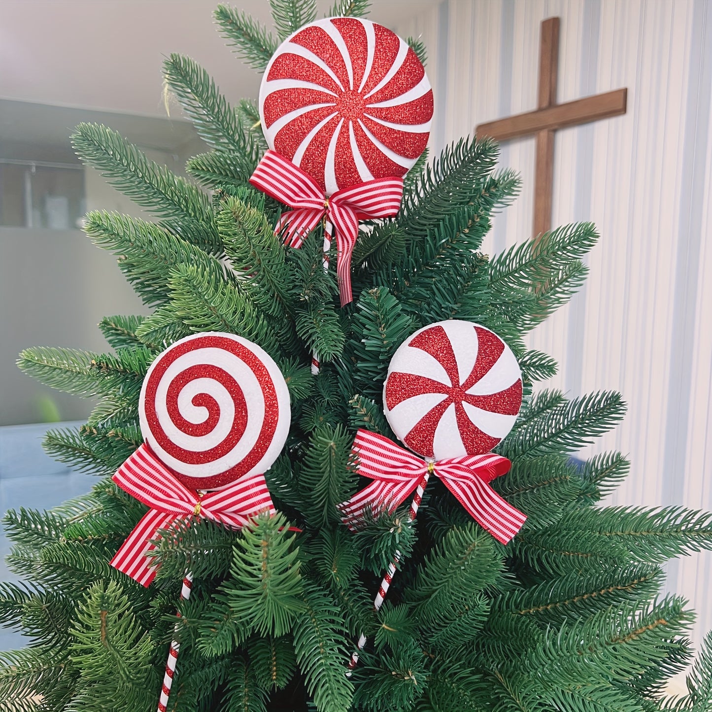 3-piece Christmas tree candy ornaments - red lollipop decorations for holiday parties, Halloween, and home decor - ideal for bedroom, living room, and desktop.