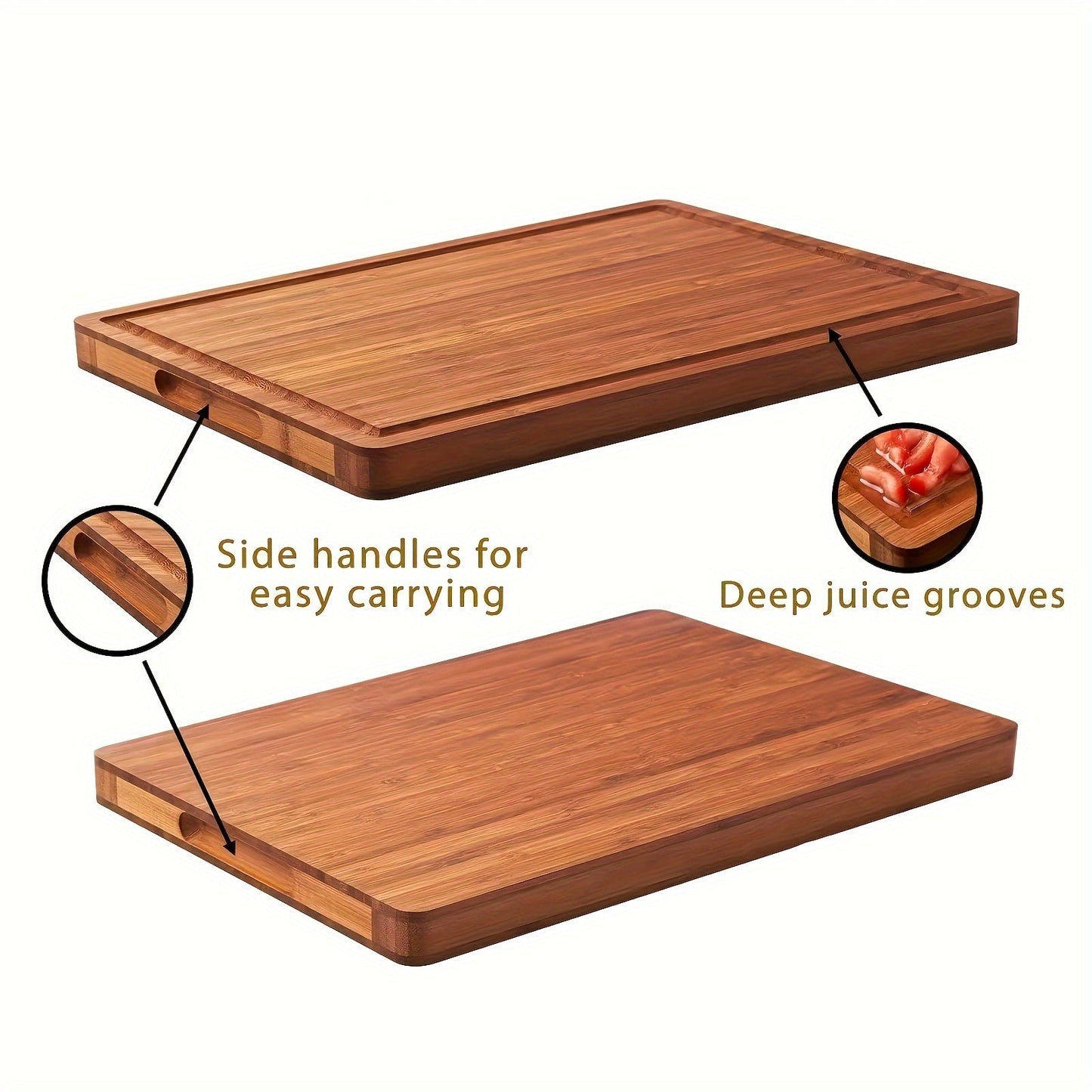 This spacious bamboo charcuterie board features convenient side handles and ample juice grooves, making it ideal for serving meats, cheeses, and deli items in the kitchen.